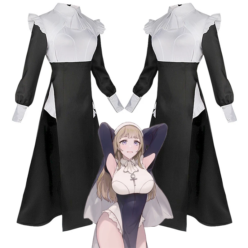 

Sexy Anime Nun Cosplay Costume Uniform Black Sexy Dress Leggings Full Sets Large Size Nuns Halloween Cosplay Costumes for Women