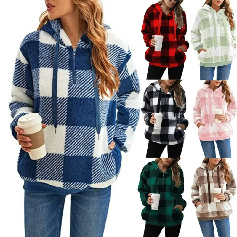 

Winter Plush Coat Women 2023 New Long Sleeve Hooded Plaid Plush Hoodies Women Sweatshirt
