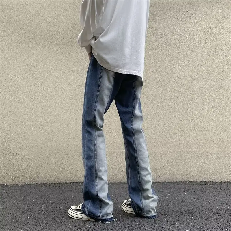 YIHANKE Four Seasons Men Loose Straight Wide Leg Ins Trend Light Color Stitching Pants Fashion Streetwear Ins Hot Selling Denim