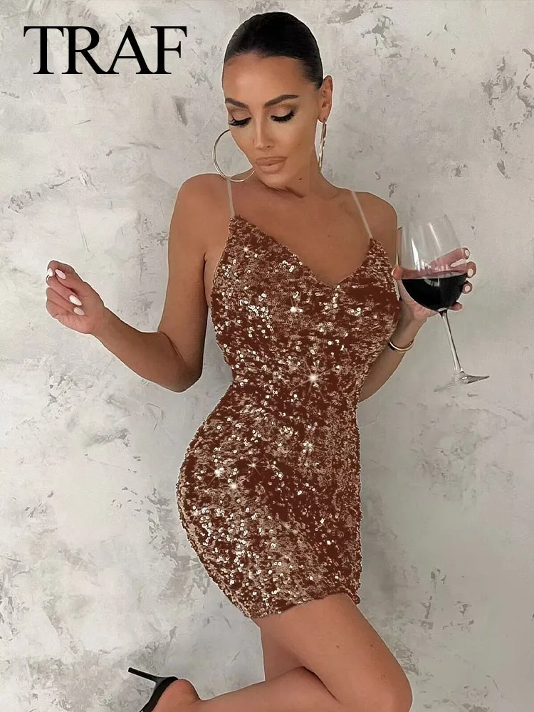 

TRAF 2024 Female Party Dress Solid V-Neck Sleeveless Backless Sequin Decoration Zipper Woman's Fashion Summer Slim Mini Dresses