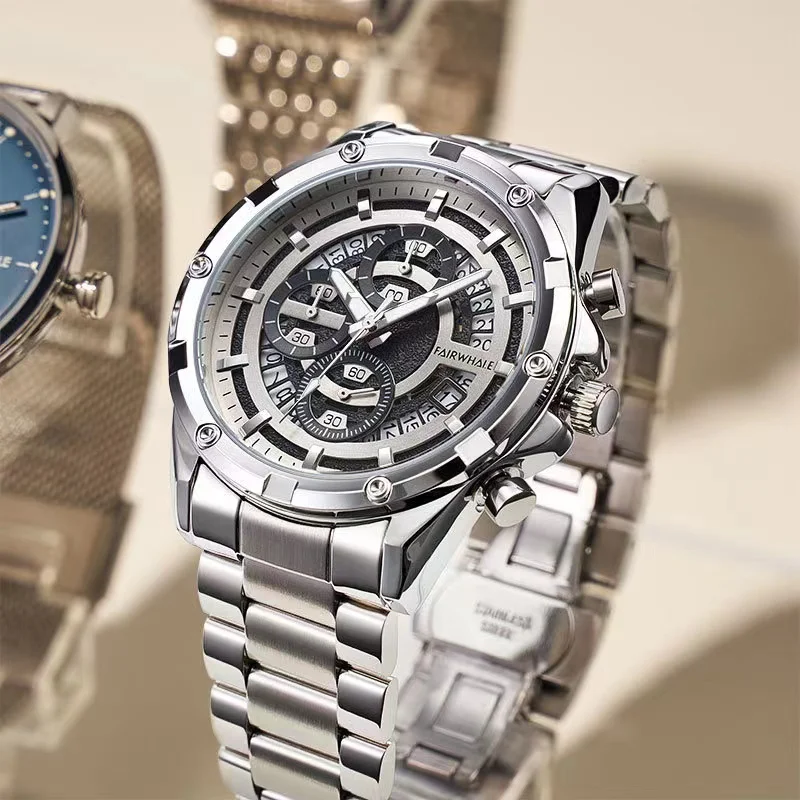 

2023 Luxury Quartz WristWatches Mens Fashion Famous Brands Mark Fairwhale Stainless Steel Waterproof Chronograph Watch Man Reloj
