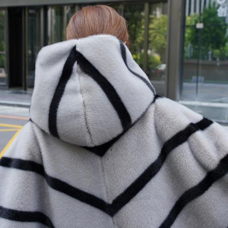 Autumn Winter Luxury Tops Faux Fur Jacket Mink Hair Flying Bat Fir Loose Hooded Warm Women's Coat Korean Fashion