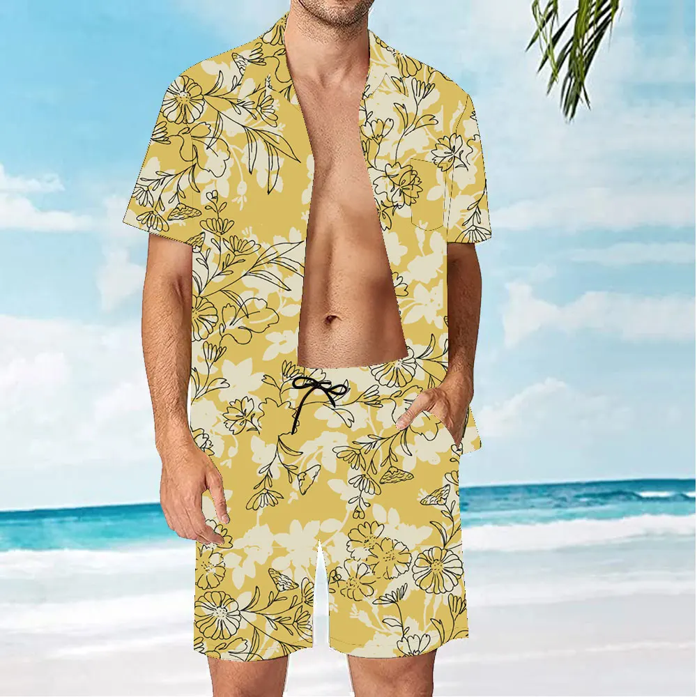 

Мужской пляжный костюм с принтом, Повседневная рубашка с отложным воротником и короткими рукавами, шорты, уличная одежда для отпуска, гавай...