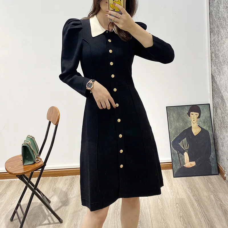 

EFATZP Women's Knit Lapel Dress Puff Sleeve Three-quarter Sleeve French Brand Elegant Dress