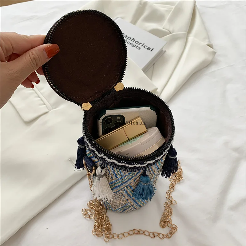 2023 New Women's Bag Fashion Korean Women Bag Summer Ethnic Style Western Style Bucket Tassel Messenger Bag Clutch Bag Handbag