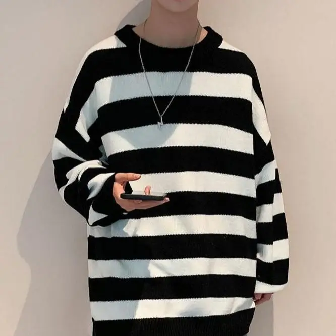 Spring Autumn Winter Fashion Man Casual Men's Loose Tess Cool Boys Pullover Knitted Sweater Soft Stripes Tops