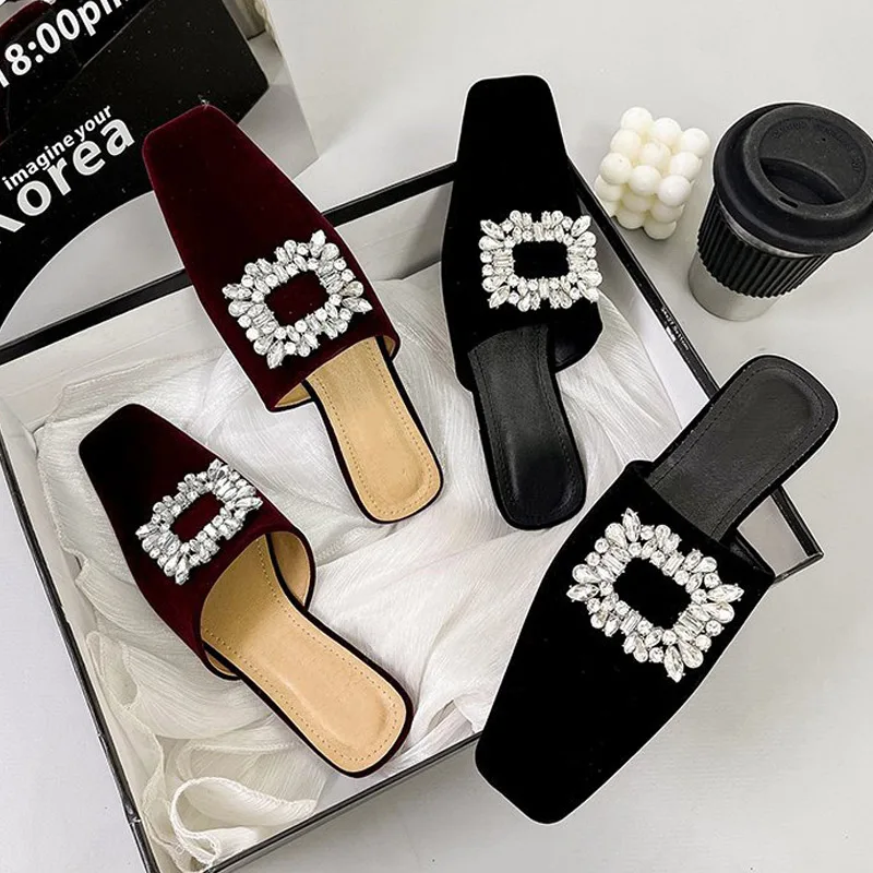

Ladies Flat Slippers Diamond Decoration Comfortable Women Flat Heel Fashion Slippers Home CasualShoes 2022 New