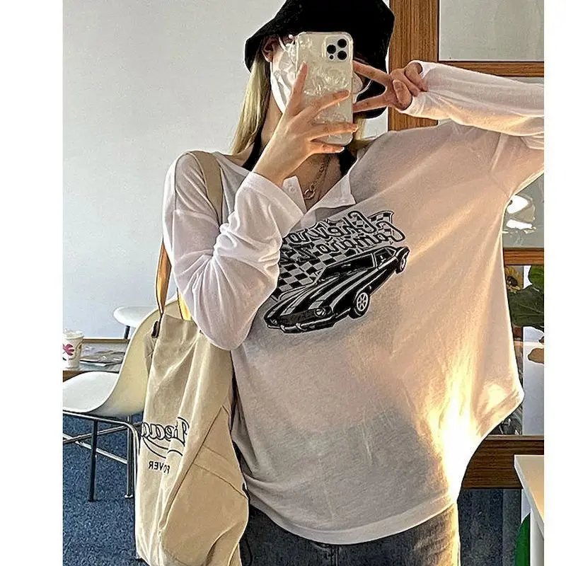 

Vintage T-shirt Oversized Women Long-sleeved Thin American Printed O-neck Outerwear T-shirts Spring Summer Hip-hop Female Top