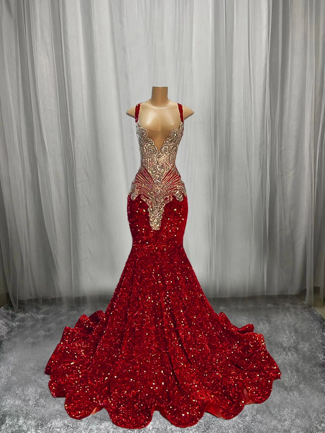 

MANRAY Sexy Gorgeous Long Prom Dresses 2023 Mermaid Style Luxury Sparkly Silver Crystals Red Sequin Girls Prom Party Formal Gown