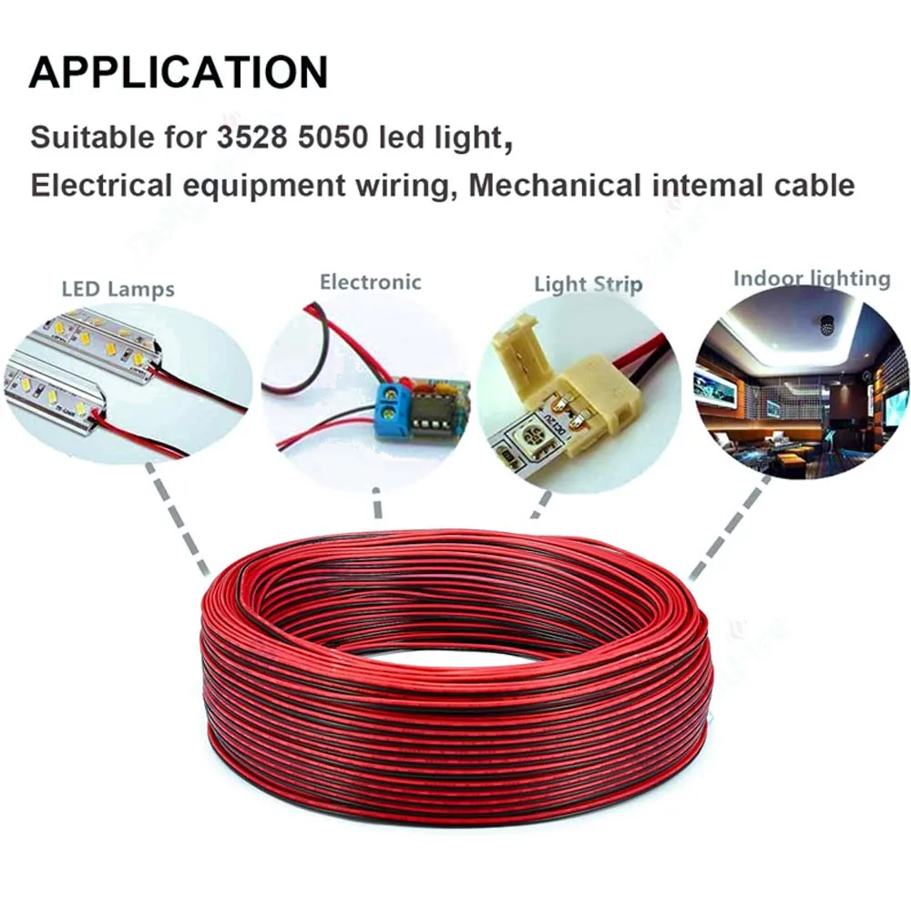 

DC 12V 2PIN LED Strip Extension Cable 5m 10m 20m 50m 100m Electrical Line Extend Black Red Wire 22AWG Soft Flexible Copper Cord