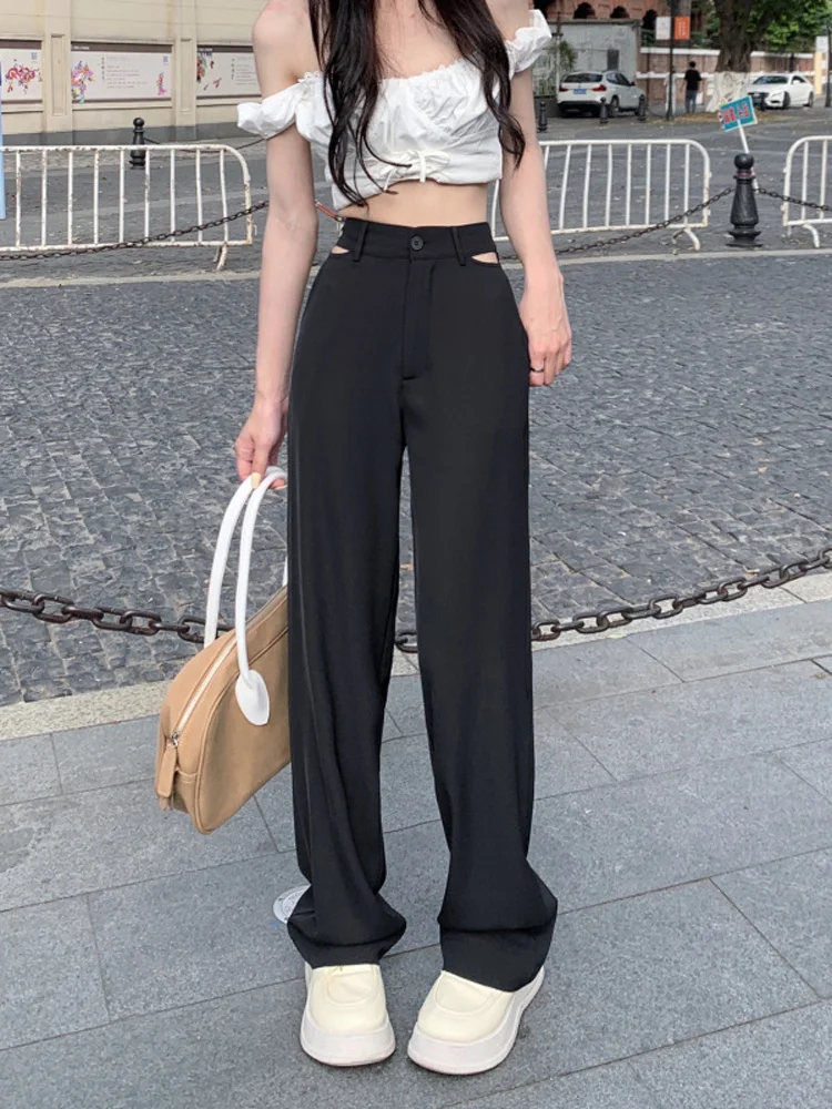 Hollow Out Black Women Pants Vertical Casual Pants Women's Straight Summer  2022 New High Waist Wide Leg Trousers - купить по выгодной цене | AliExpress