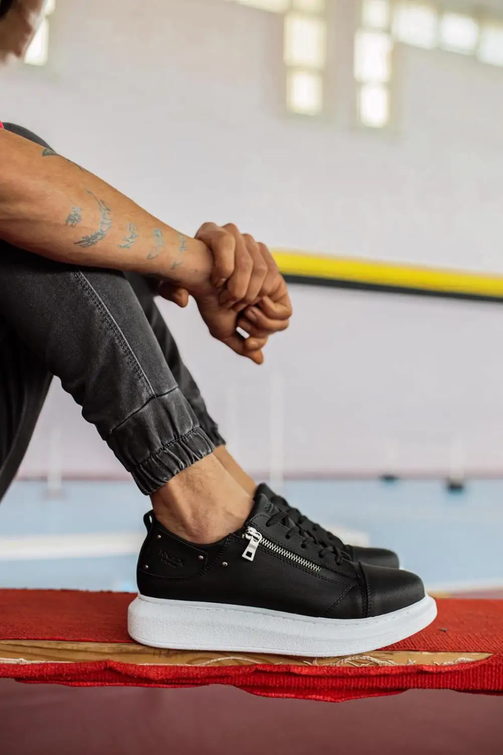 

Knack Men's Shoes Black Color Artificial Leather Lace Up Zipper Details Sport Sneakers High and White Outsole Sewing Casual Comfortable Breathable Wedding Office Solid Air Formal Flexible Orthopedic College Male 555