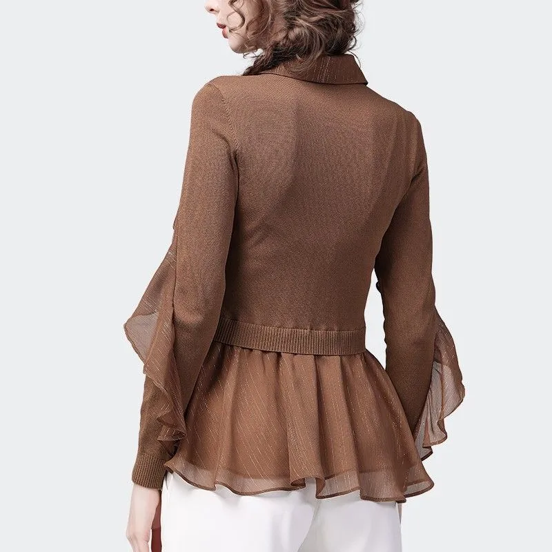 Женская шифоновая блузка с оборками приталенная трикотажная прострочкой на