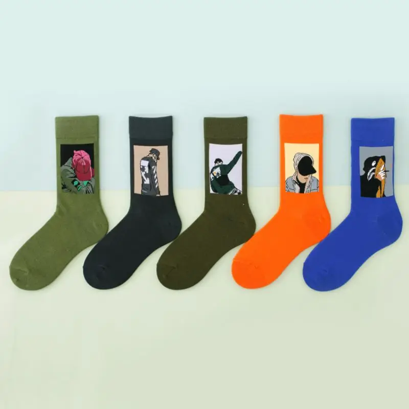 5pcs Women's Fashion Cotton Patterned Socks Man Hip Hop Harajuku Streetwear Funny Painting Personality Socks Comfort Crew Socks