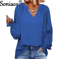 solid color lantern long sleeve v neck ladies shirt summer womens blouse 2022 new women folds casual loose femme tops blusas