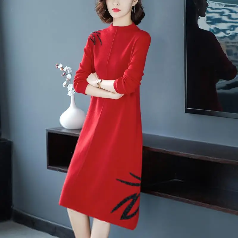 

Женское трикотажное платье средней длины, однотонное повседневное облегающее теплое трикотажное платье, G182