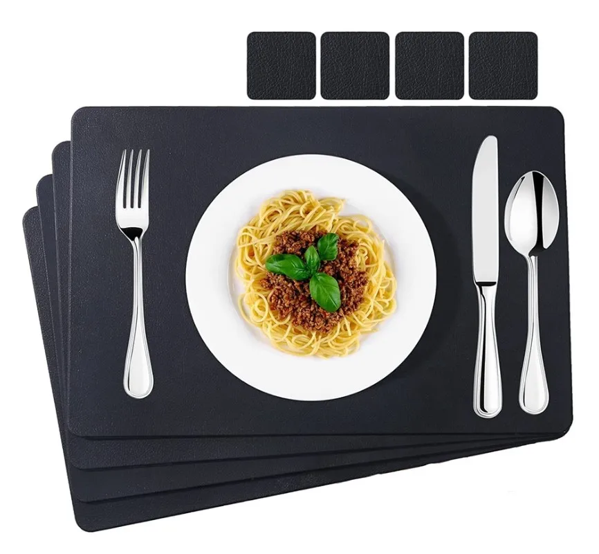 

Inyahome Placemats Set of 1/4/6 Washable Black Faux Leather Place mats and Coasters Waterproof Non-Slip PU Dining Table Mats