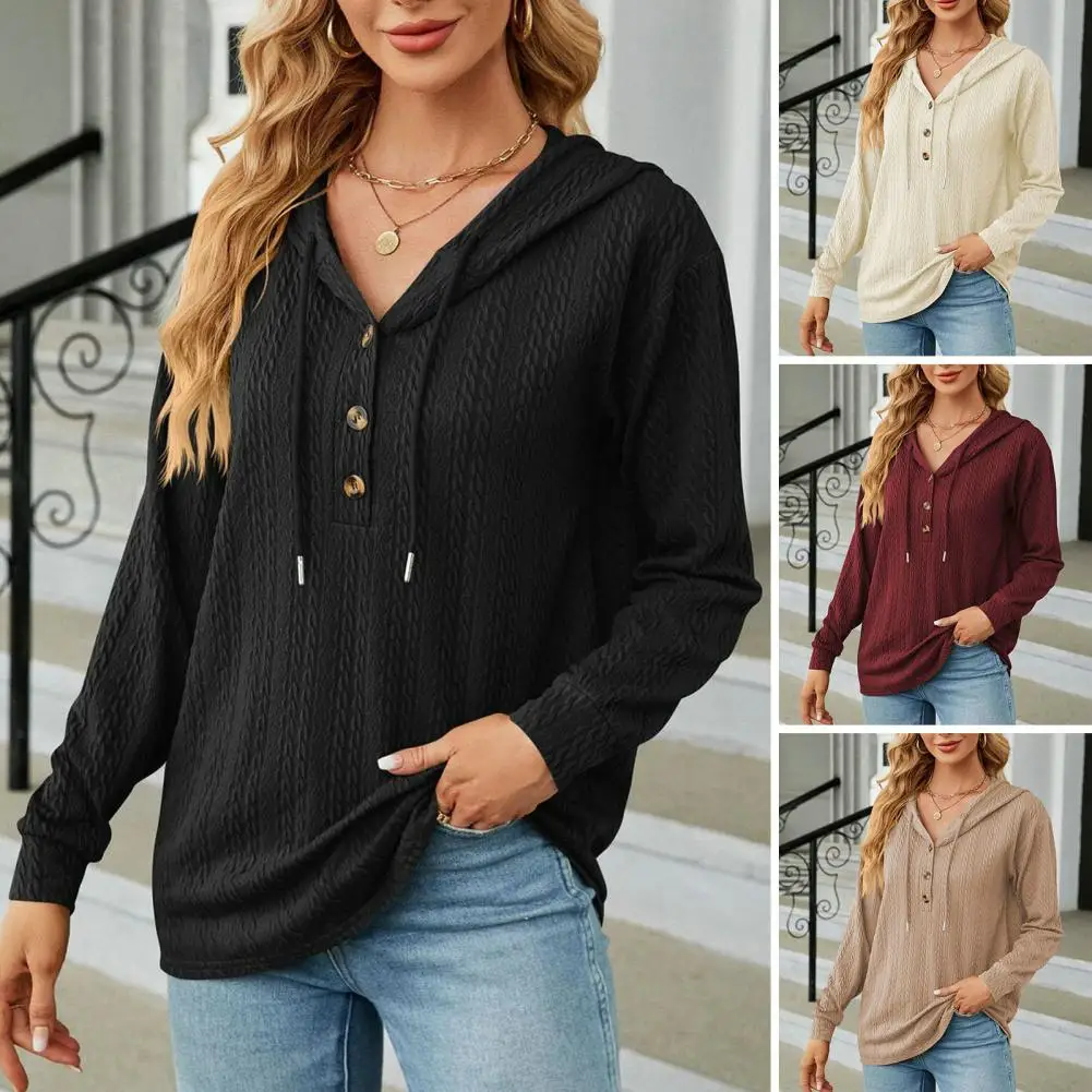 

Women Autumn Winter Solid Color Hoodie Drawstring Buttons Neckline Long Sleeve Loose Fit Twist Texture Pullover Sweatshirt Tops