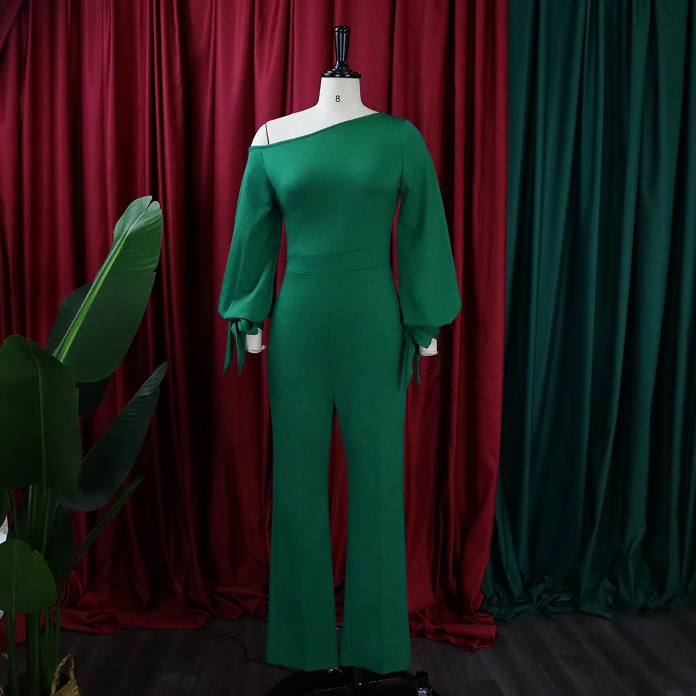 Autumn New Jumpsuits for Ladies Full Lantern Sleeve High Waisted Turn Down Collar Fashion Elegant Long Rompers & Jumpsuits Hot