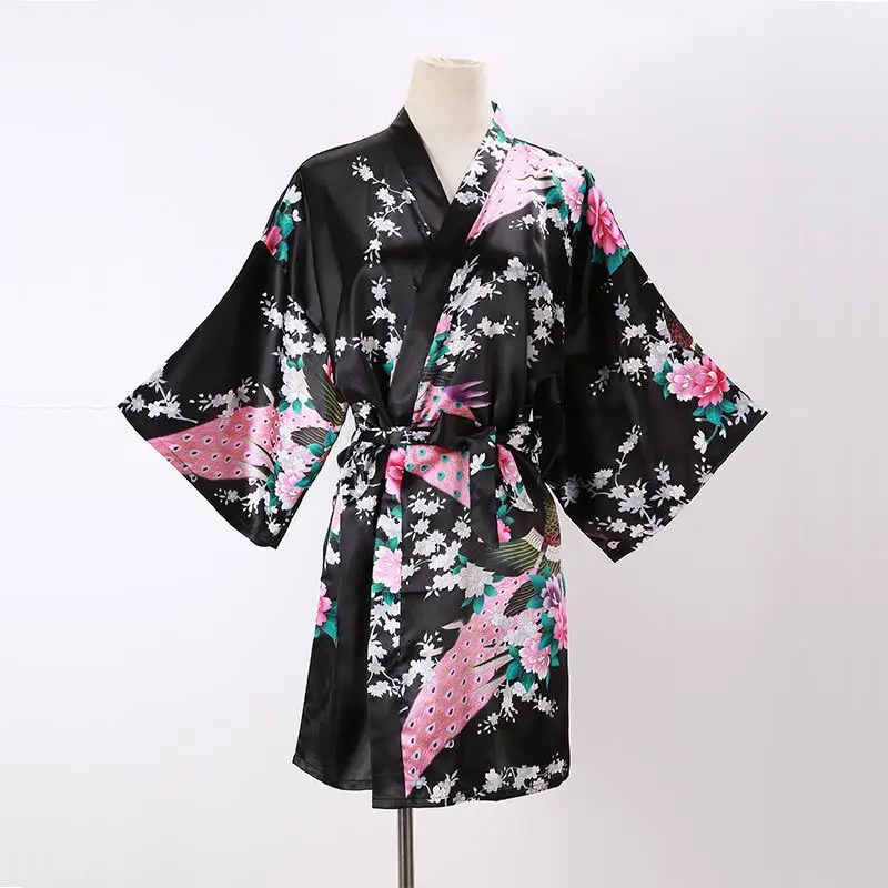 Халат-кимоно Женский атласный с V-образным вырезом и рукавом до локтя |