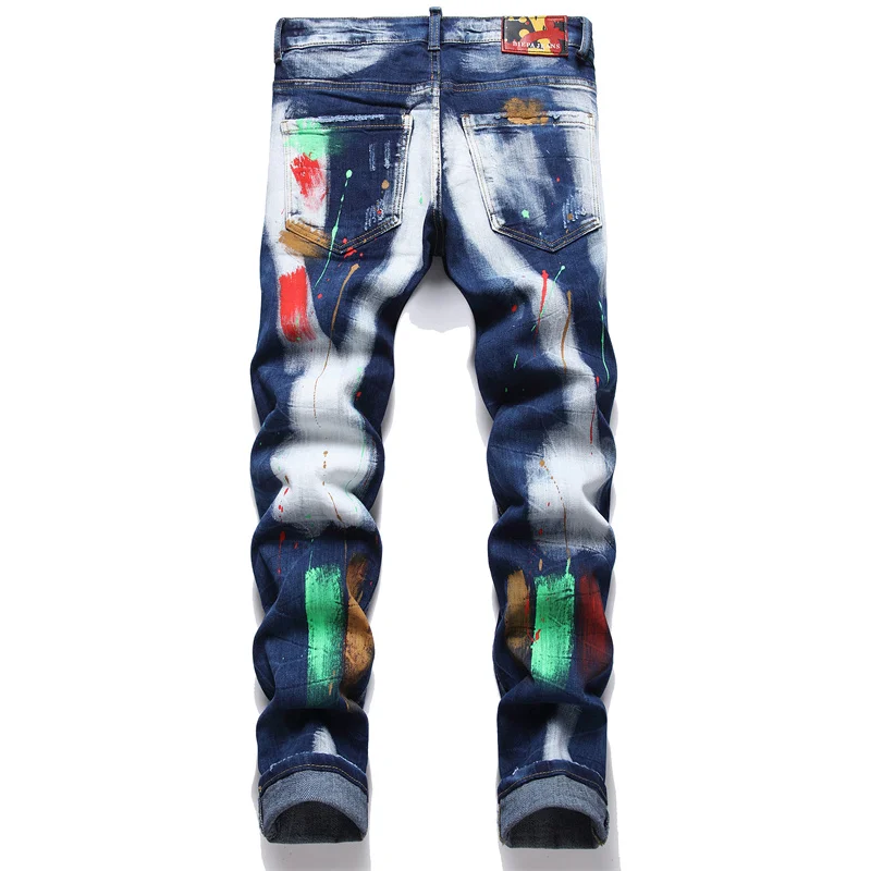 Men's Colorful Graffiti Printed Jeans Y2K Colorful Slim Fit Tapered Elastic Casual Pants Fashion Street Clothing Small Foot Pant