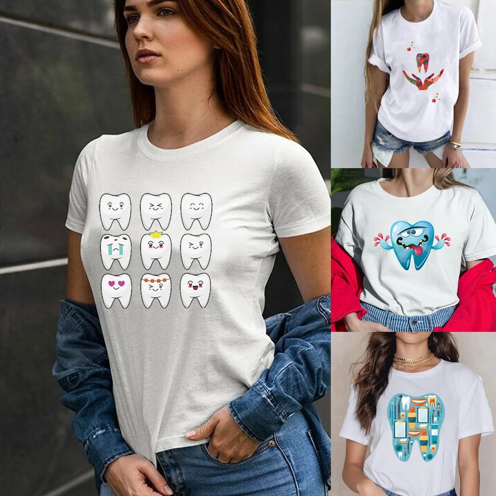 

Женская футболка с коротким рукавом и принтом зубов, летняя спортивная футболка с круглым вырезом, дышащая спортивная одежда, повседневный ...