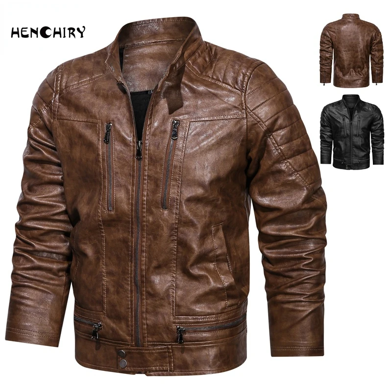 

Кожаная мужская куртка HENCHIRY 2021, зимняя и осенняя модная мотоциклетная куртка, Мужская теплая куртка с меховой подкладкой