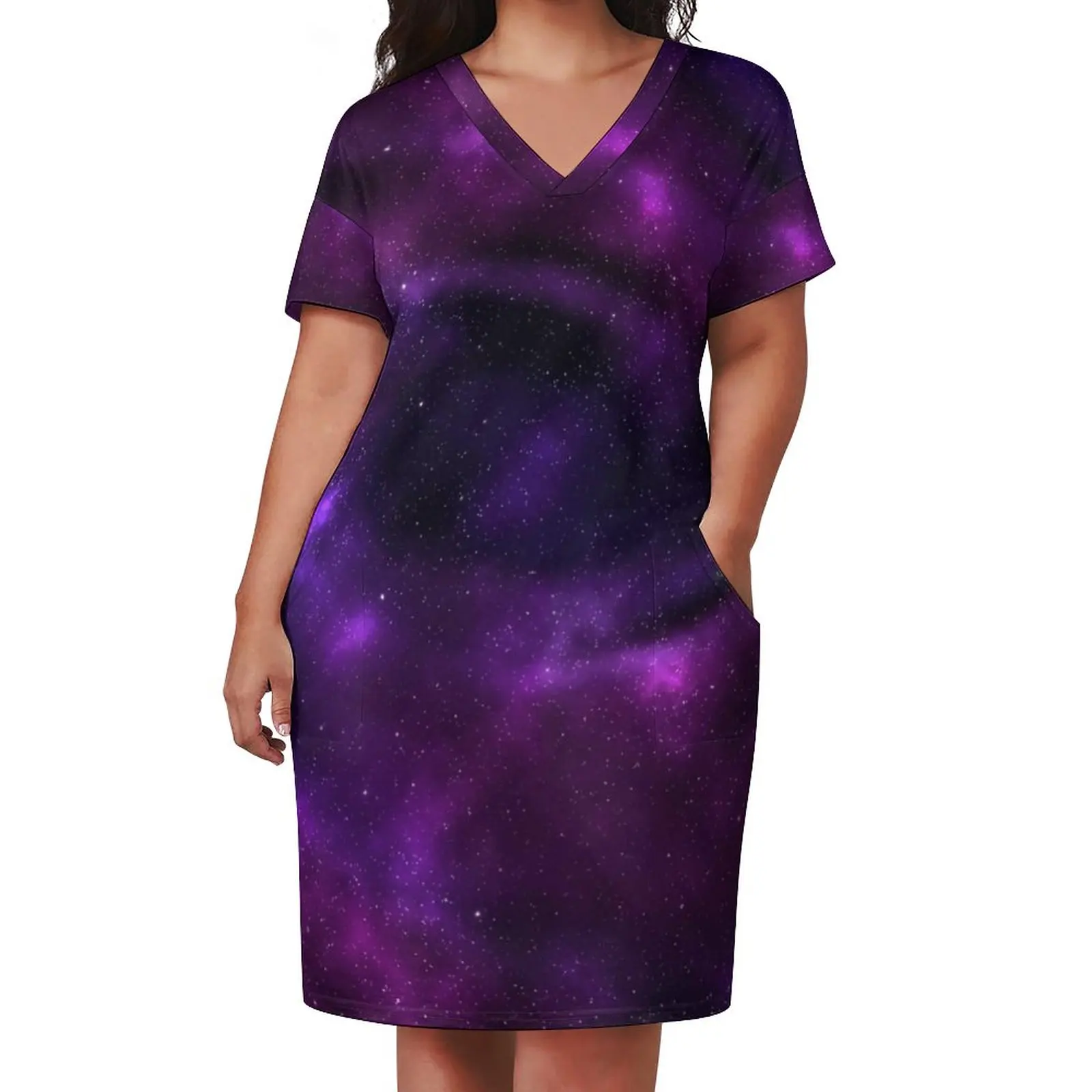 Spiral Galaxy Sky Dress V Neck Star Cluster Print Sexy Dresses Womens Street Style Casual Dress With Pockets Plus Size 3XL 4XL