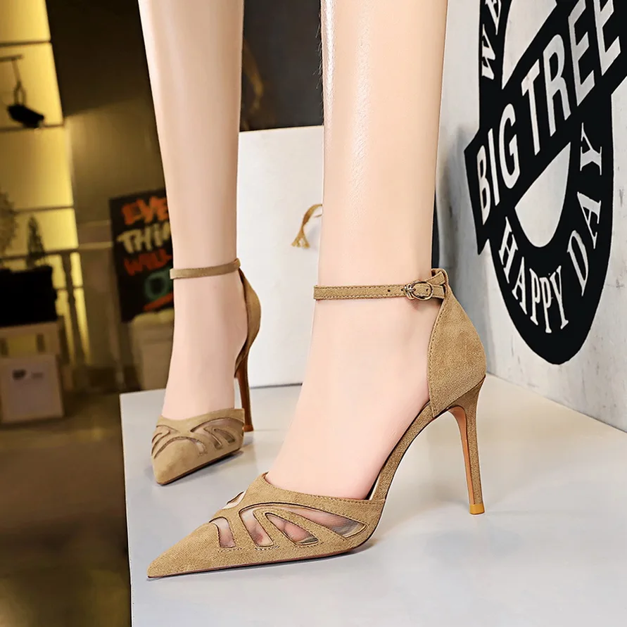 

BIGTREE Big size Air mesh Women Pumps Sexy see through Ankle strap Thin heeled Summer Office lady Shoes Fashion High heels Pumps