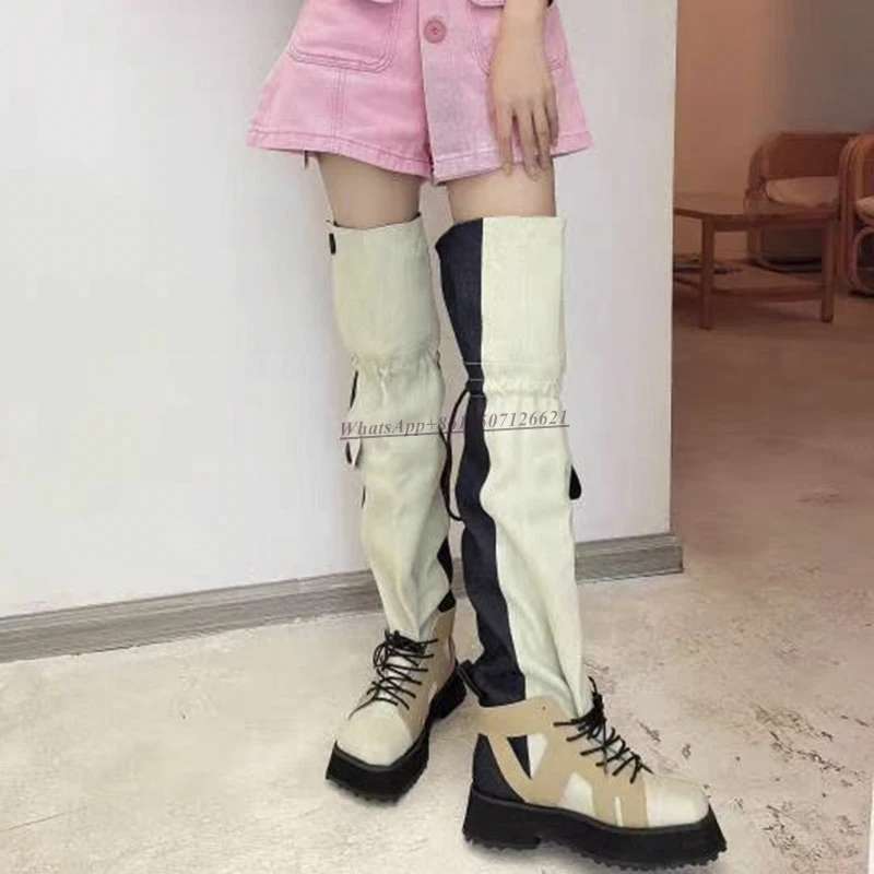 Over-the-knee Boots Women's 2022 New Square Toe Thick Heel Drawstring Stitching Thick-soled Casual Fashion Boots for Women