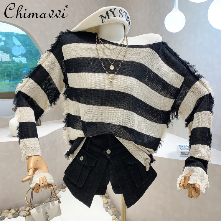 

2022 Early Autumn New Korean Style Fashion round Neck Loose-Fit Thin Sweater Loose Slimming Elegant Knitted Tops for Women