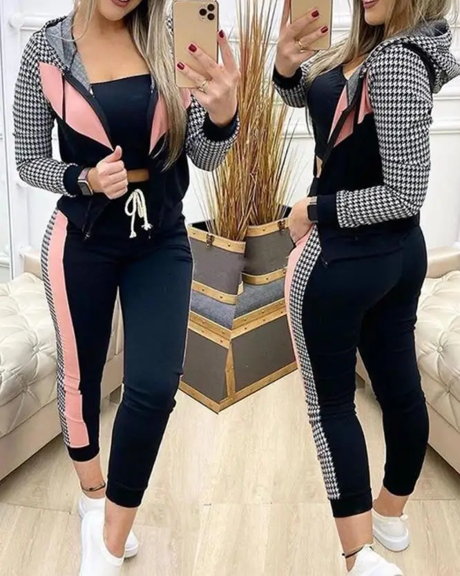 

Fashion Hooded Top & Pants Set Plaid Colorblock Basics Long Sleeve Sporty Two Piece Sets Women's Suit