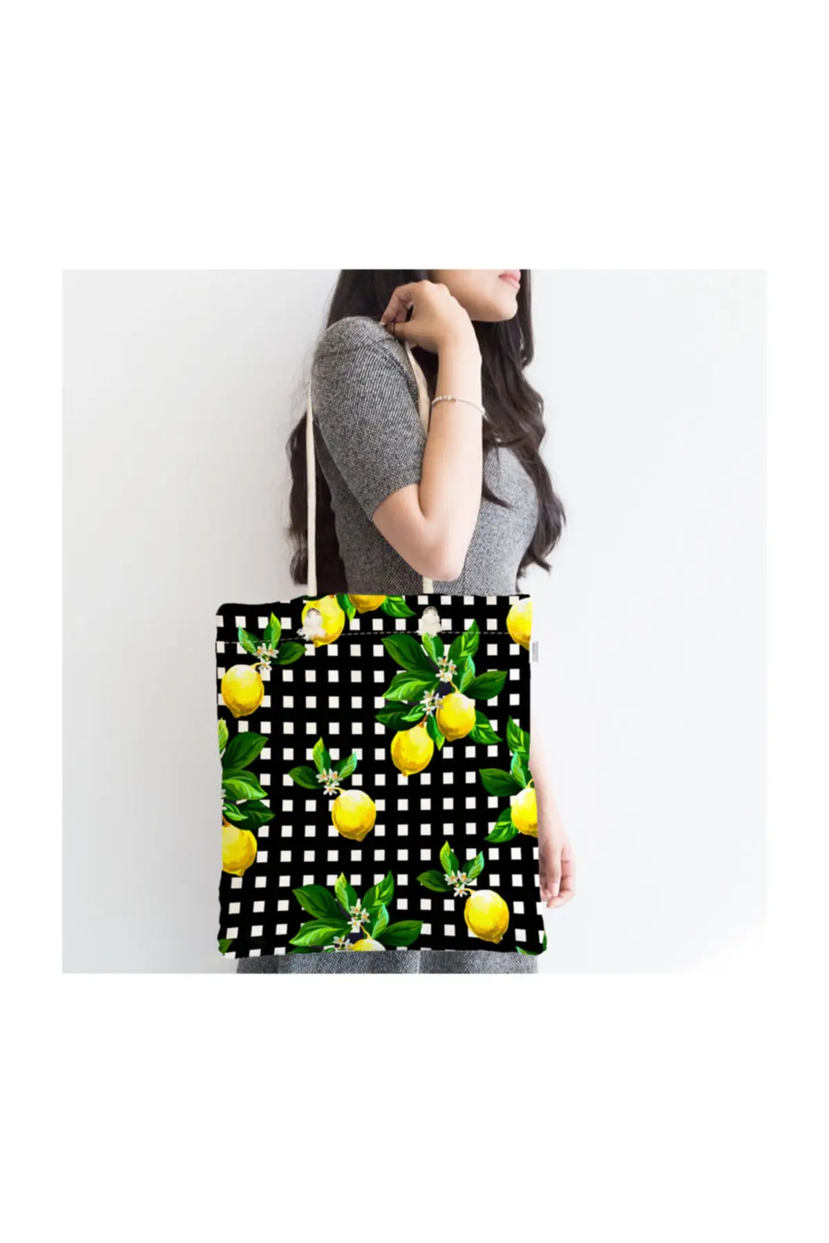

Женская пляжная сумка в клетку, современная ткань с принтом лимона и молнией на черном фоне, сумка-тоут, летние сумки для покупок