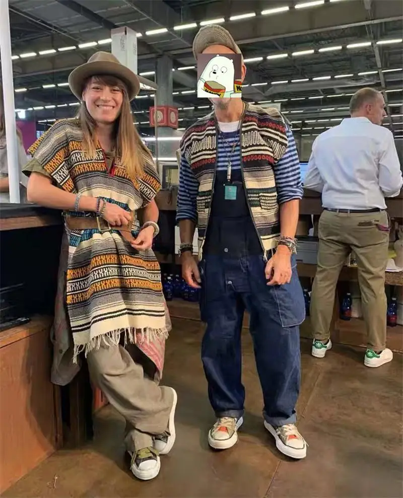 Street personality color-blocking tooling jumpsuit men's and women's American suspenders tide brand strap functional jeans