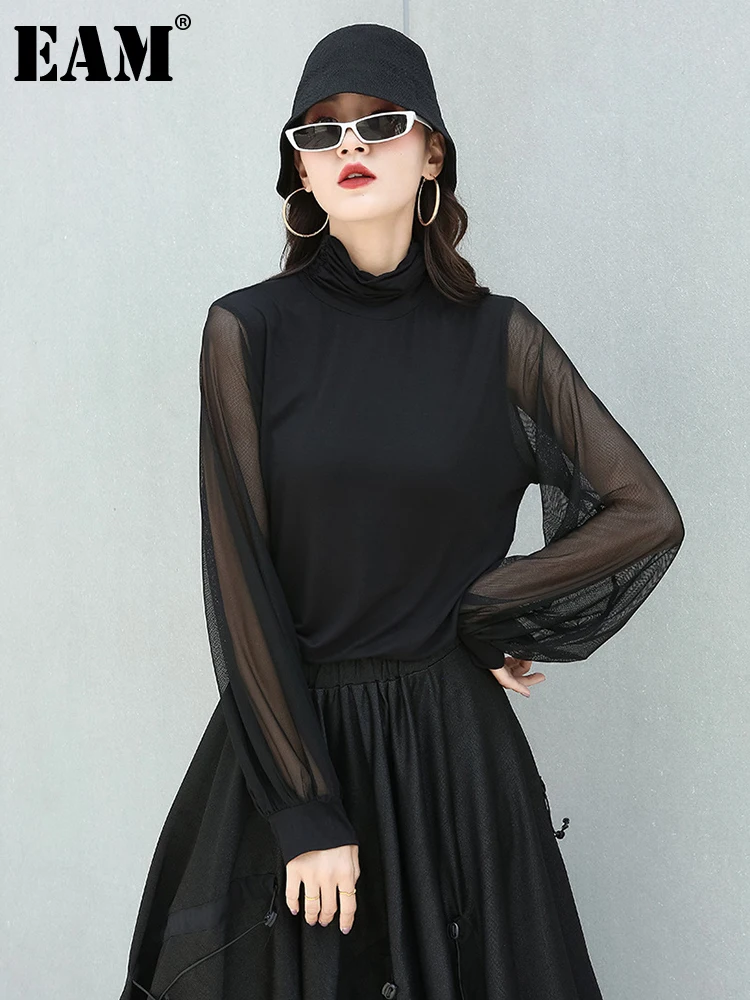 

[EAM] Женская черная сетчатая футболка большого размера с высокой эластичностью, новая модная водолазка с длинными рукавами на весну и осень ...