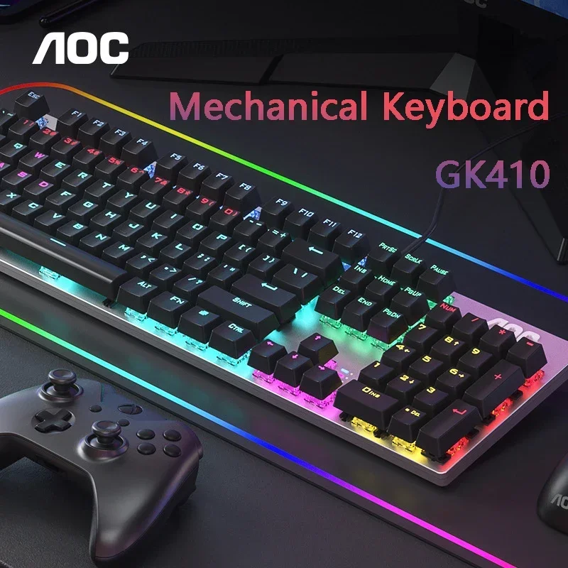 

AOC GK410 Mechanical Keyboard 104 Keys Metal Panel RGB Light green black tea axis esports full non-impact game computer keyboard