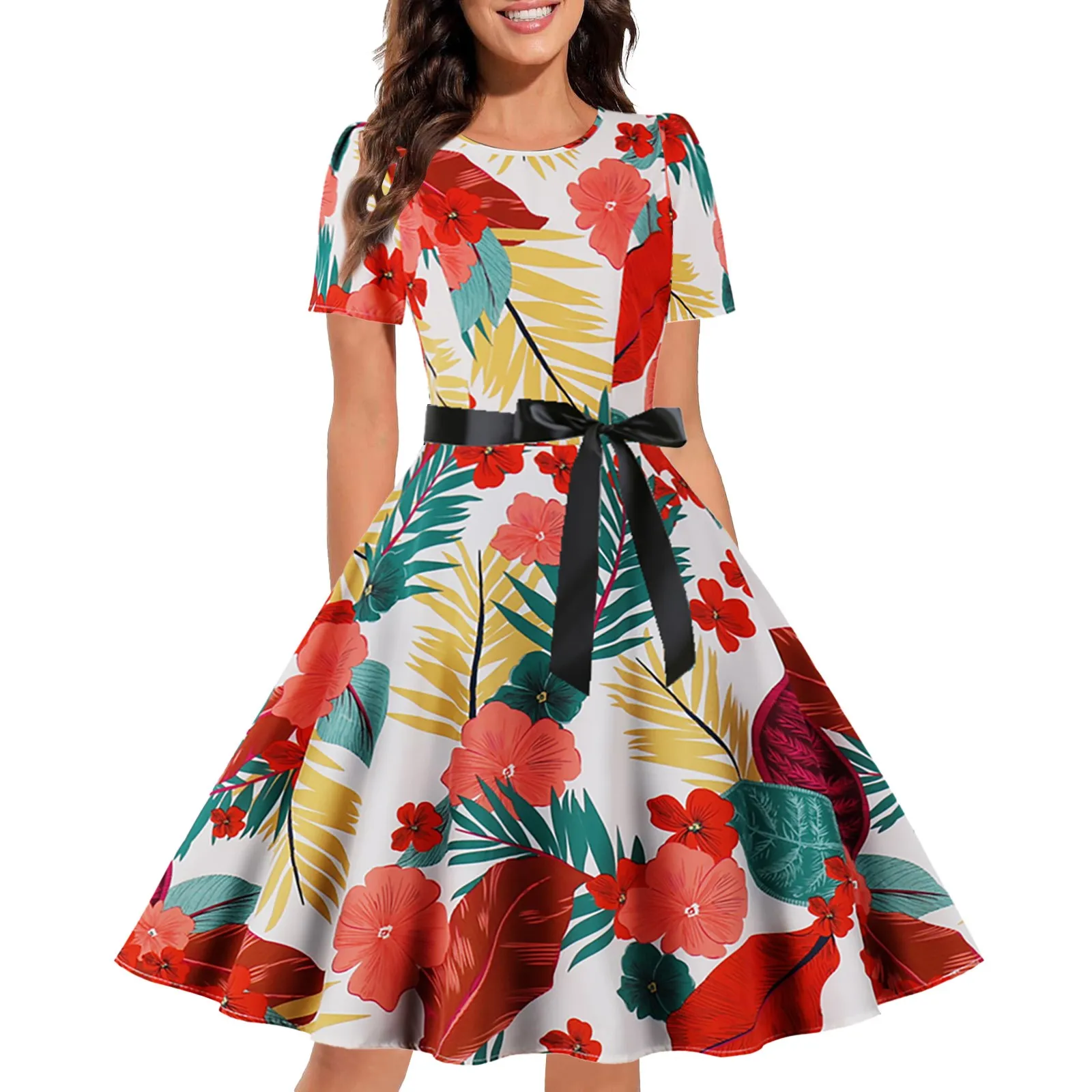 

Women's Vintage Print Cocktail Dresses Short Sleeve Swing Party Dresses Big Swing Puffy Dresses Women Mini Party Dresses