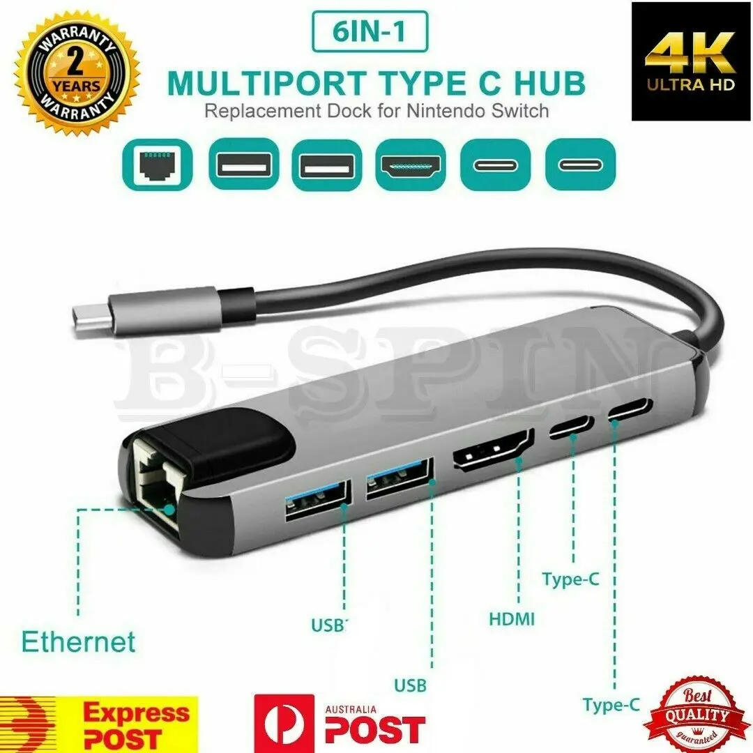 

6 in 1 USB C HUB Type-C Multi USB Port 4K HDMI Adapter Dock RJ45 Ethernet USB-C