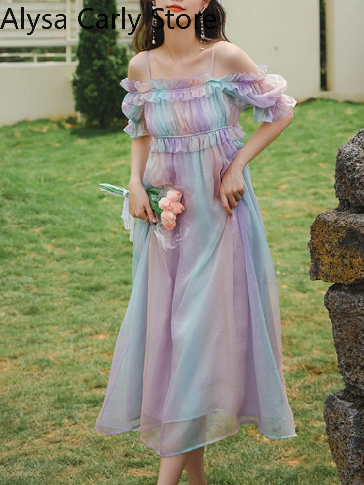 Rainbow Vintage Fairy Dress Women 2022 Spring Sweet Ruffles Elegant Princess Midi Dress Chiffon Puff Sleeve Korean Party Dresses