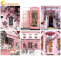 chenistory oil paint by numbers diy pictures by numbers pink house picture drawing gift home decoration adults crafts