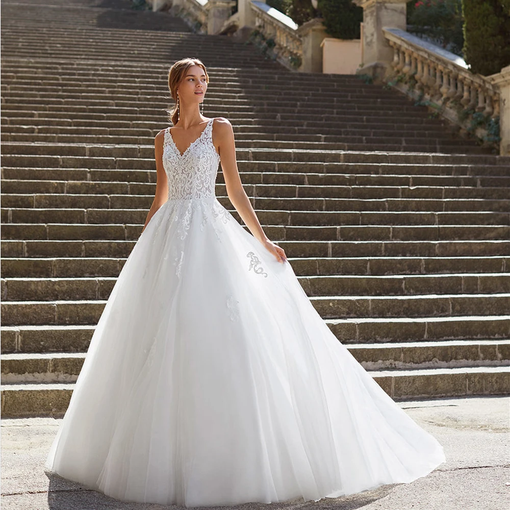 

White A-Line Wedding Dresses V-Neck Sleeveless Princess Bride Dress Elegant Backless Lace Appliques Organza Bridal Gown Vestidos