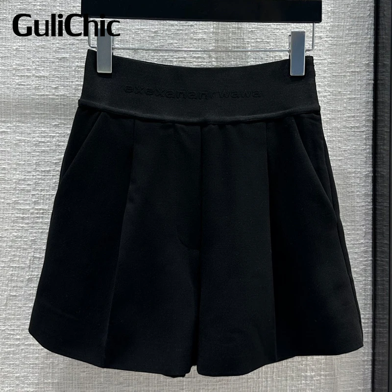 

9.18 GuliChic Women Black Letter Elastic Waist Side Zipper Casual Shorts