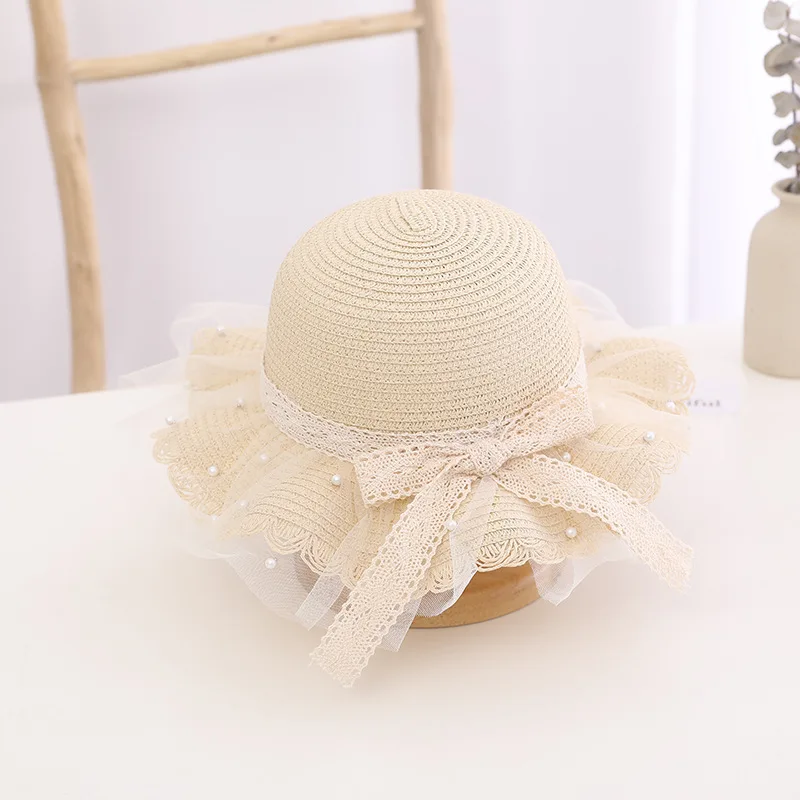 

Kids Girls Straw Hat with Lace Large Wide Brim Sun Beach Hat Princess Girl Summer Panama Cap Baby Accessories Photography Props