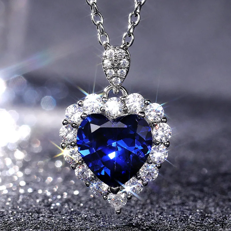 

2022 Women's Wedding Necklace Luxury Blue Cubic Glass Filledia Bridal Wedding Party Pendant Necklace Jewelry
