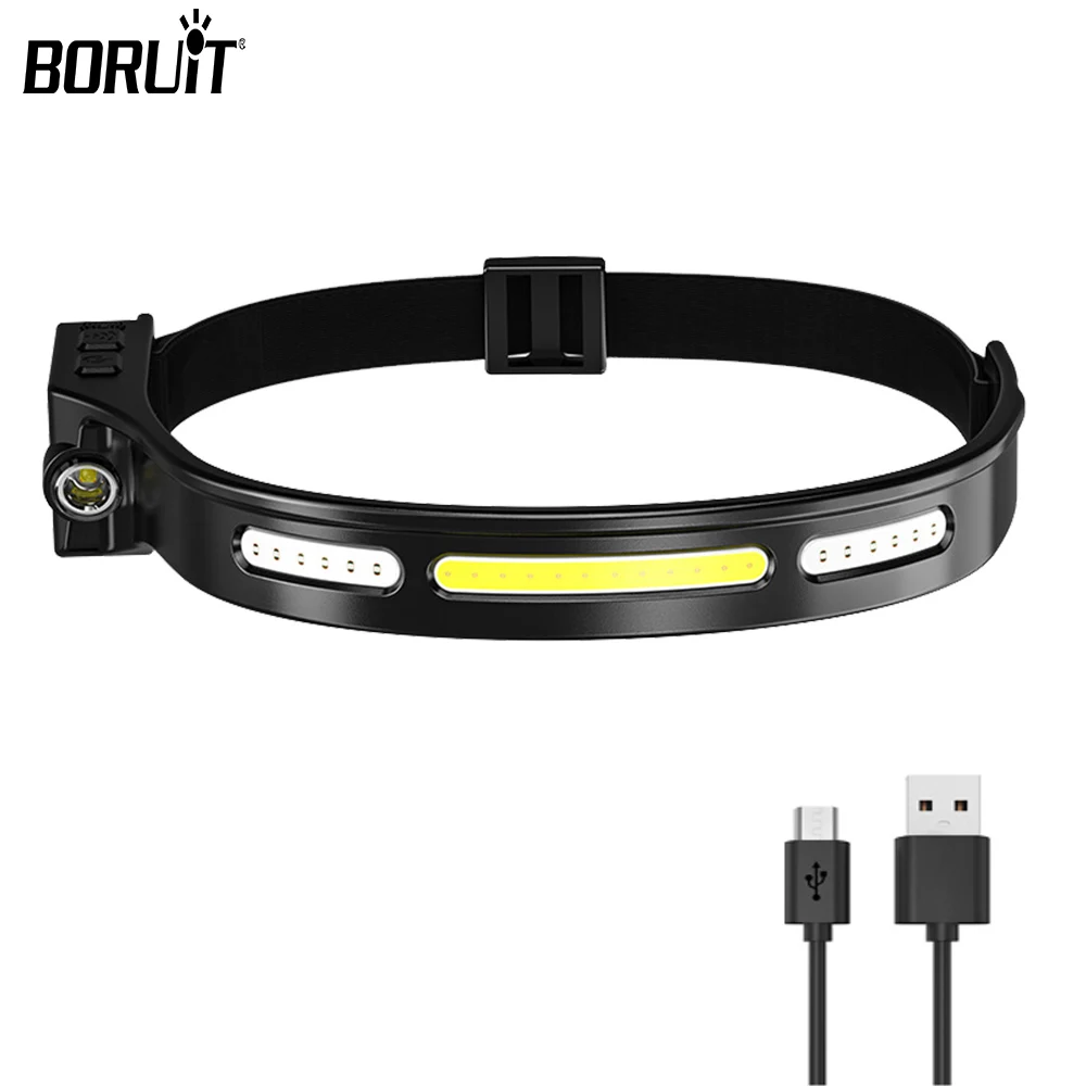 

BORUiT COB LED Headlamp Sensor Camping Searchlight Head Flashlight 5 Modes USB Rechargeable Headlight Fishing Adventur Lamp