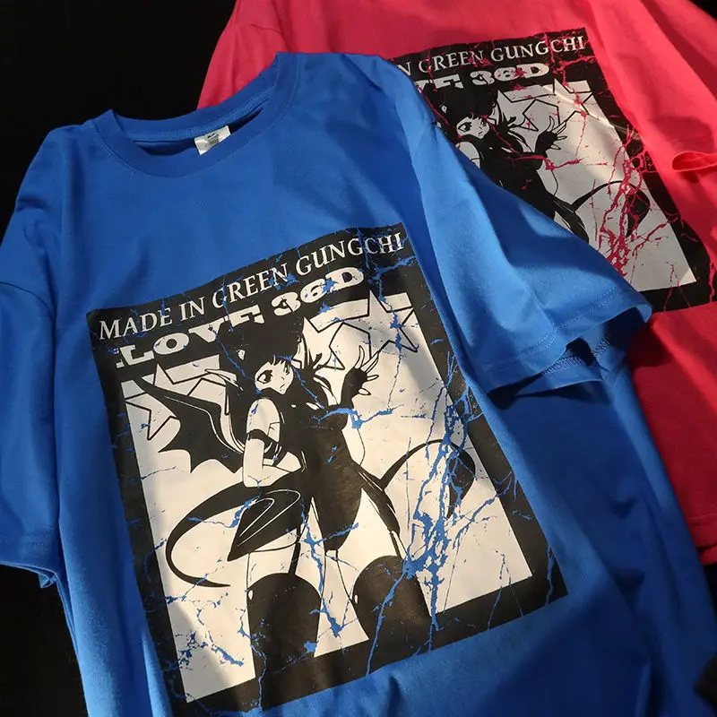 

Punk Goth Cat Girl Japan Anime Graphic T Shirts Oversized Kalein Blue Kawaii Clothes 2022 Summer Cotton Large 2XL Harajuku Teens