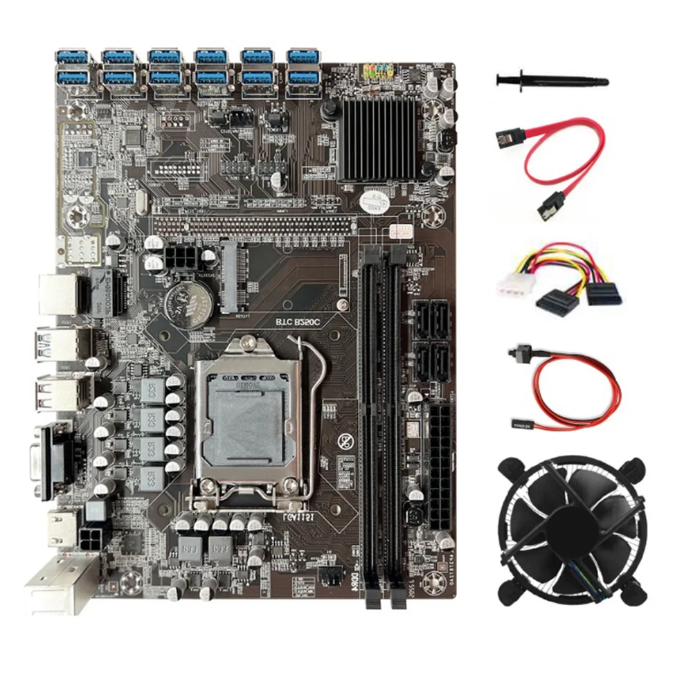 

B250C BTC Motherboard 12GPU PCIE to USB3.0+4PIN to SATA Cable+SATA Cable+Cooling Fan LGA1151 Supports DDR4 DIMM RAM