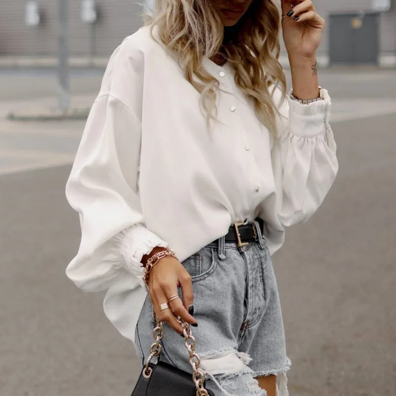 

Блузка женская в горошек с V-образным вырезом, элегантный Свободный пуловер с длинным рукавом-фонариком, однобортная офисная рубашка, весна-...