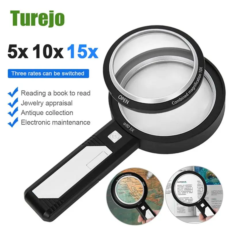 

Lighted Magnifying Glass 10X 15X 20X Handheld Magnifying Mirror with LED Light Optical Lens Illuminated Magnifier For Reading