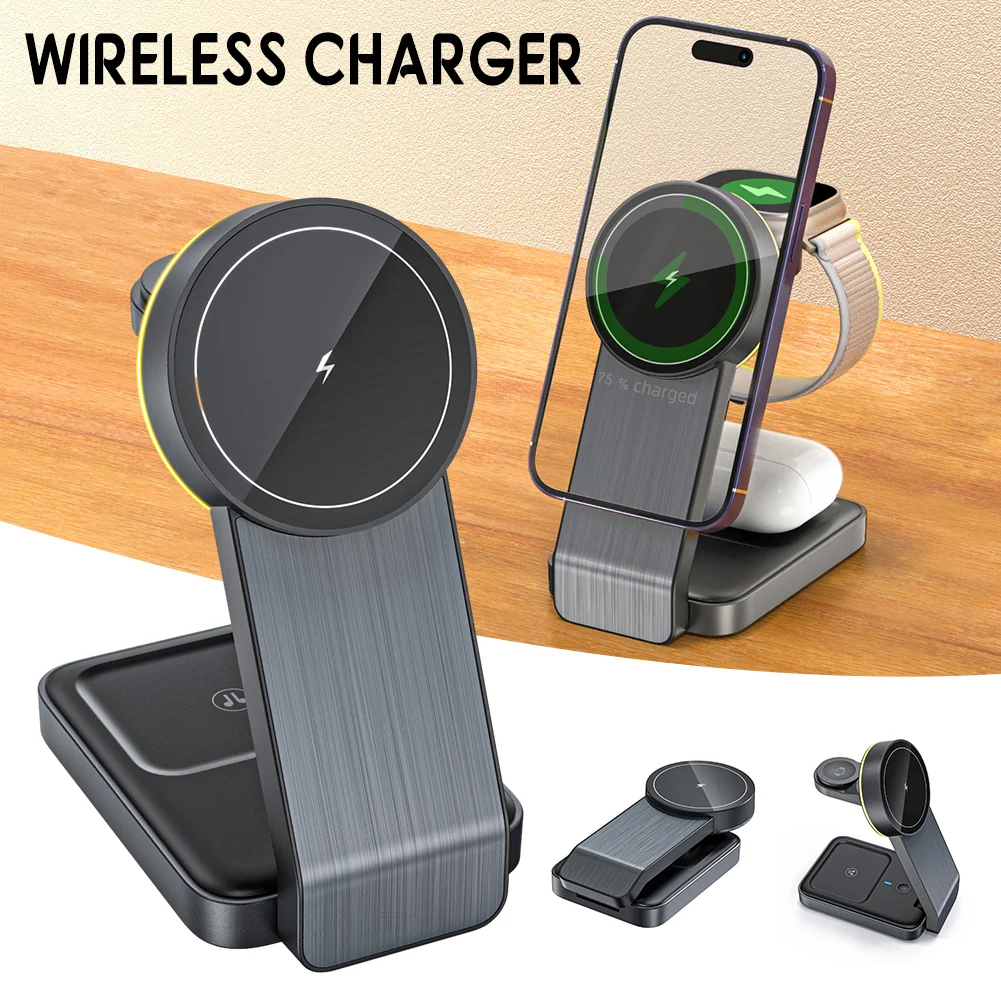 

Portable 3 in 1 Foldable Wireless Charger Stand Dock for iPhone 14 13 Holder Magnetic Fast Charging Station for Apple Watch 8 7